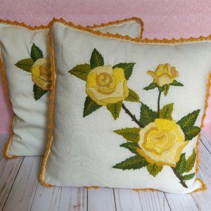 2 Vintage Embroidery Throw Pillows Yellow Roses